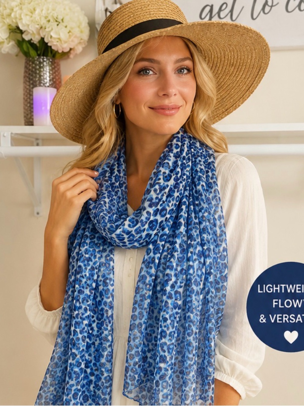 Lightweight Blue Floral Leopard Print Scarf - Women Accessories